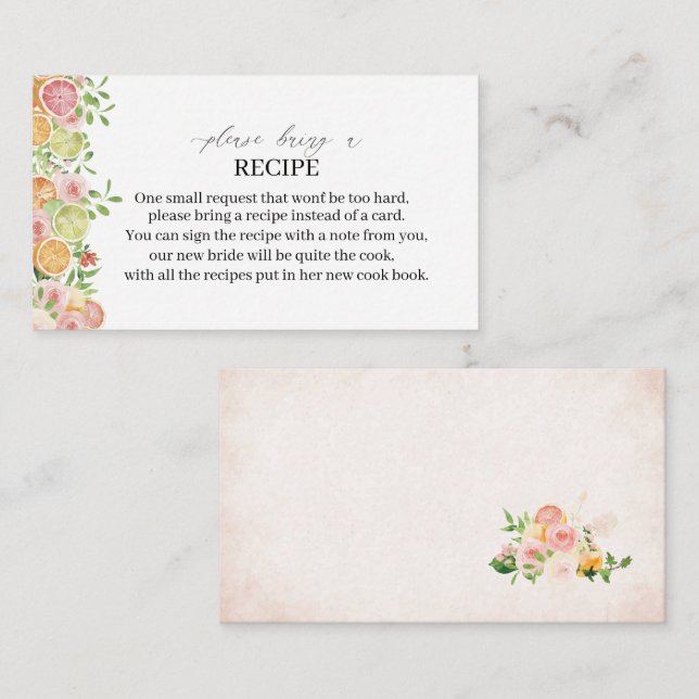 Tarjeta De Recepción Elegante acuarela Citrus Flores rosas Una receta d (Anverso / Reverso)