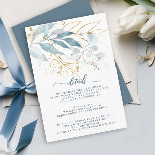 Tarjeta De Recepción Elegante acuarela Dusty Blue Gold Floral Details