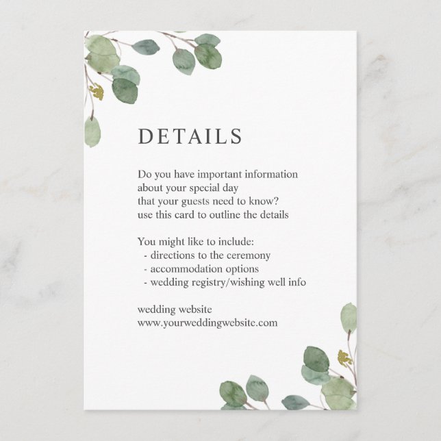 Tarjeta De Recepción Elegante acuarela Eucalyptus Bodas Detalles (Anverso)