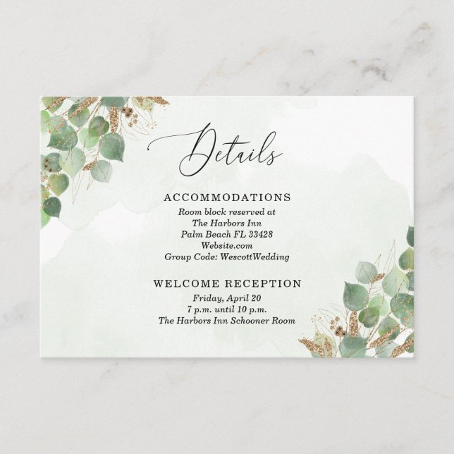 Tarjeta De Recepción Elegante acuarela Eucalyptus Green Accent Gold (Anverso)