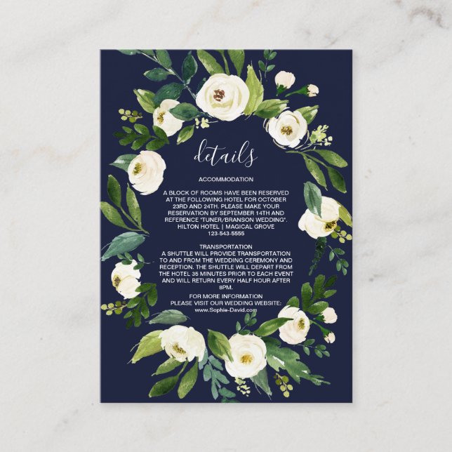 Tarjeta De Recepción Elegante acuarela Floral blanca azul oscuro detall (Anverso)