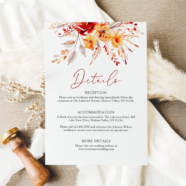 Tarjeta De Recepción Elegante acuarela floral Detalles de la boda de ot (Bold watercolor floral wedding details card)