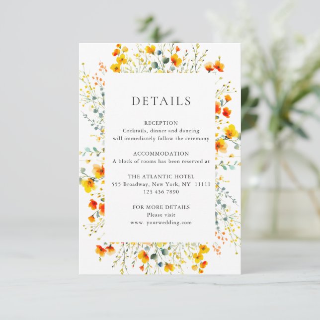 Tarjeta De Recepción Elegante acuarela Flores salvajes Detalles Bodas (Anverso de pie)