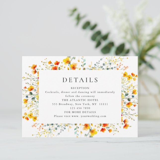 Tarjeta De Recepción Elegante acuarela Flores salvajes Detalles Bodas (Anverso de pie)