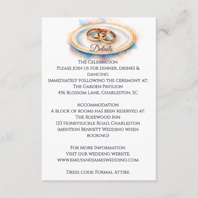 Tarjeta De Recepción Elegante acuarela Golden Rosa Anillos Bodas (Anverso)