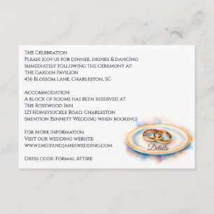 Tarjeta De Recepción Elegante acuarela Golden Rosa Anillos Bodas
