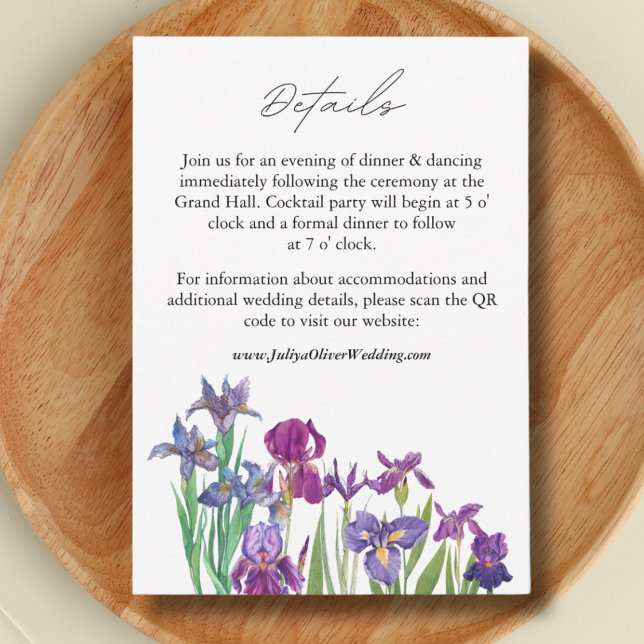 Tarjeta De Recepción Elegante acuarela Iris script boda detalles QR (Subido por el creador)