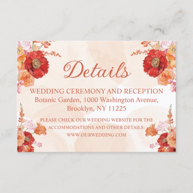 Tarjeta De Recepción elegante acuarela naranja detalles de boda floral (Anverso)