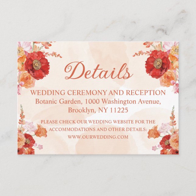 Tarjeta De Recepción elegante acuarela naranja detalles de boda floral (Anverso)