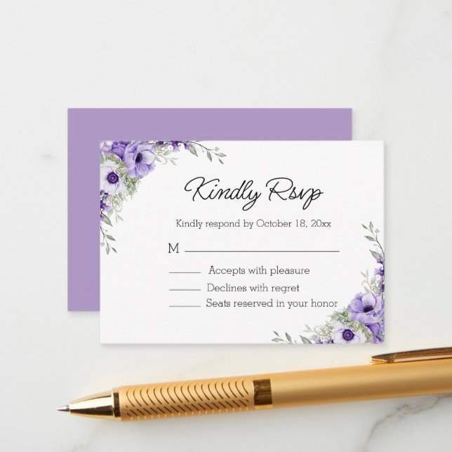 Tarjeta De Recepción elegante acuarela púrpura floral rsvp boda (Anverso/Reverso In Situ)