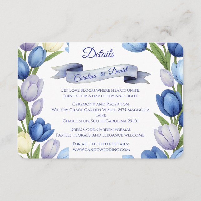 Tarjeta De Recepción Elegante acuarela Tulip Wreath Boda Marfil Azul (Anverso)