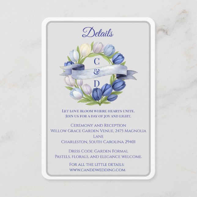 Tarjeta De Recepción Elegante acuarela Tulip Wreath Boda Marfil Azul (Anverso)