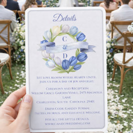 Tarjeta De Recepción Elegante acuarela Tulip Wreath Boda Marfil Azul