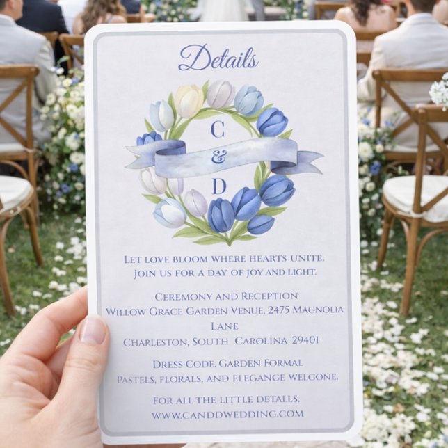Tarjeta De Recepción Elegante acuarela Tulip Wreath Boda Marfil Azul (Subido por el creador)