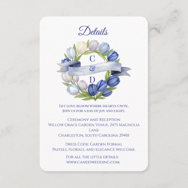 Tarjeta De Recepción Elegante acuarela Tulip Wreath Boda Marfil Azul (Anverso)