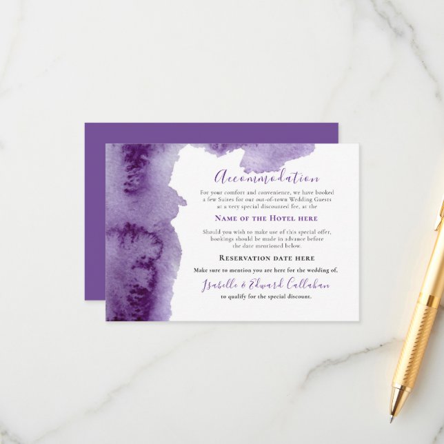 Tarjeta De Recepción Elegante Alojamiento De Acuarela Púrpura (Anverso/Reverso In Situ)