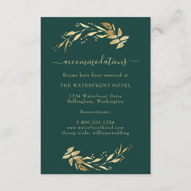 Tarjeta De Recepción Elegante alojamiento de Boda de oro verde esmerald (Anverso)