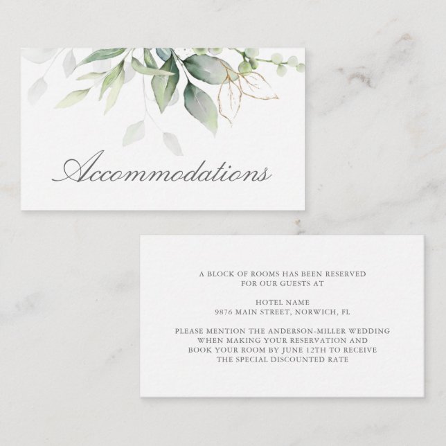 Tarjeta De Recepción Elegante alojamiento Eucalyptus Greenery Gold (Anverso / Reverso)