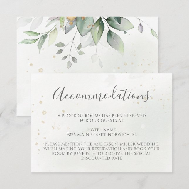 Tarjeta De Recepción Elegante alojamiento Eucalyptus Greenery Gold (Anverso / Reverso)