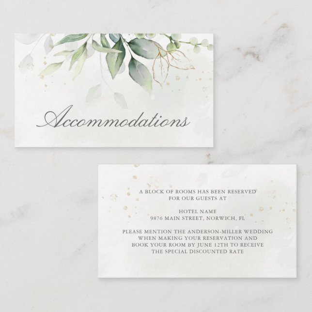 Tarjeta De Recepción Elegante alojamiento Eucalyptus Greenery Gold (Anverso / Reverso)