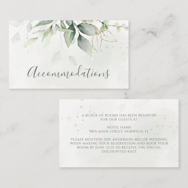 Tarjeta De Recepción Elegante alojamiento Eucalyptus Greenery Gold (Anverso / Reverso)