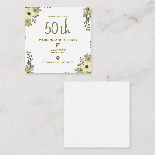 Tarjeta De Recepción Elegante Aniversario de la Flora Verde 50° Boda (Anverso / Reverso)
