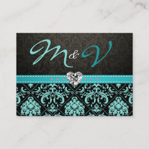 Tarjeta De Recepción Elegante Aqua Blue and Black Damask RSVP