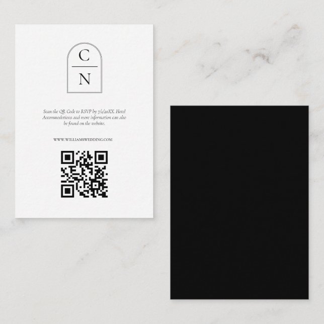 Tarjeta De Recepción Elegante Arco Monograma Código QR RSVP (Anverso / Reverso)