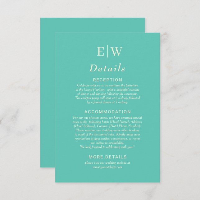 Tarjeta De Recepción Elegante Awe Acuático Simple con Monograma Boda (Anverso / Reverso)