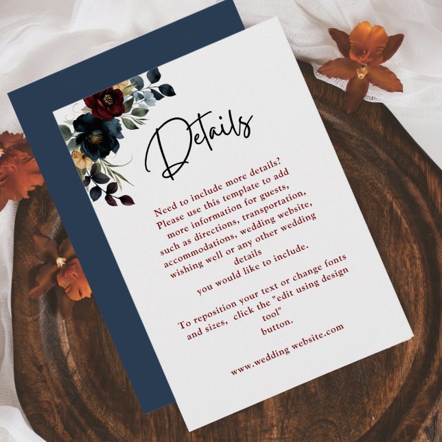 Tarjeta De Recepción Elegante azul marino burdeos flores bodas detalles (Subido por el creador)