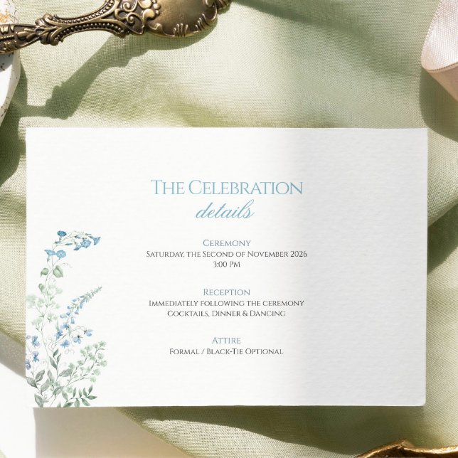 Tarjeta De Recepción Elegante azul polvoriento floral caligrafía boda (Subido por el creador)