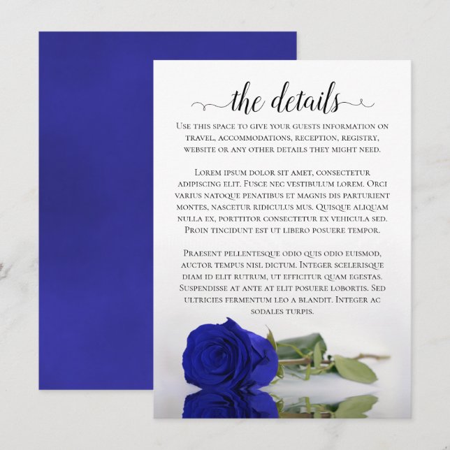 Tarjeta De Recepción Elegante azul real que refleja detalles del Boda R (Anverso / Reverso)