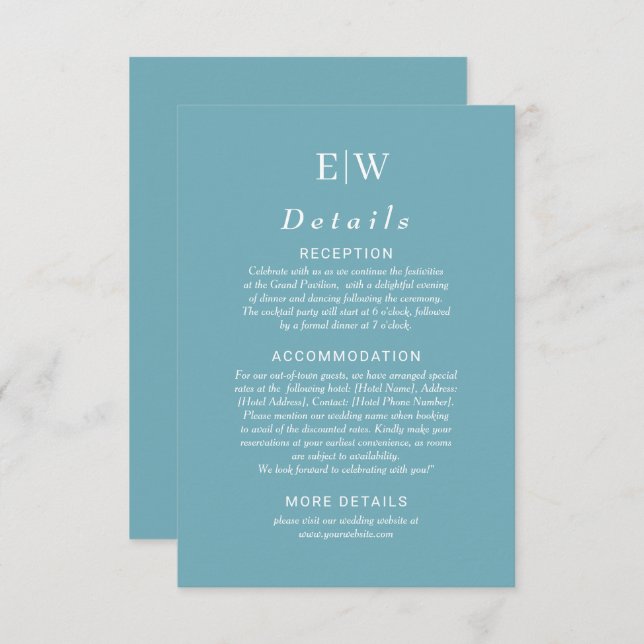 Tarjeta De Recepción Elegante azul retro simple con Boda monograma (Anverso / Reverso)