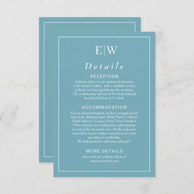 Tarjeta De Recepción Elegante azul retro simple con Boda monograma (Anverso / Reverso)
