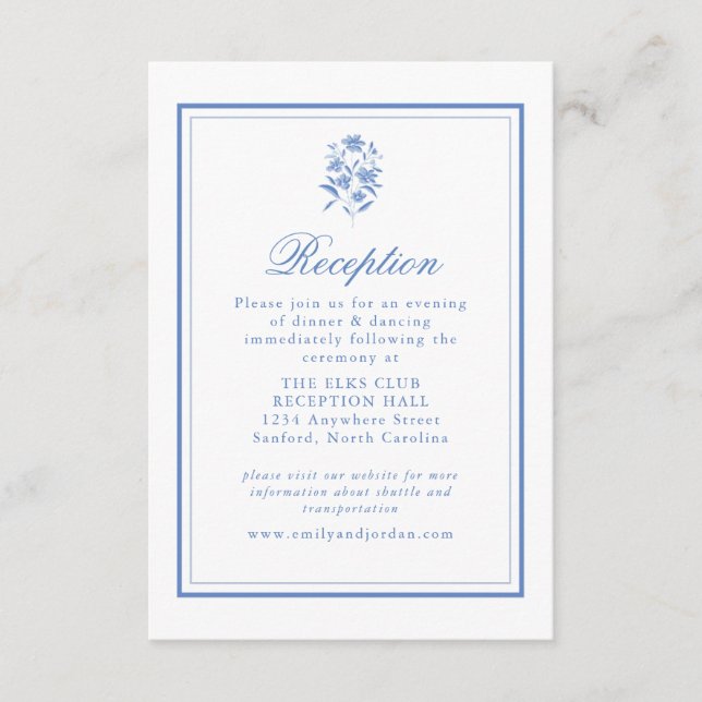 Tarjeta de Recepción Elegante Azul y Blanco (Anverso)