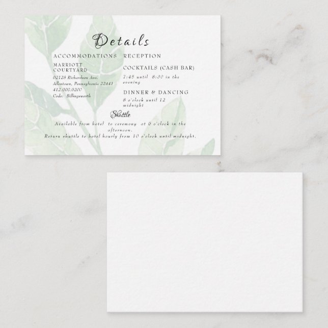 Tarjeta De Recepción Elegante bar de caja y lanzadera de follaje pálido (Anverso / Reverso)