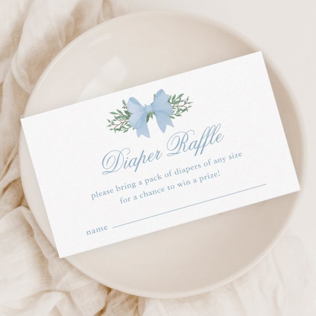 Tarjeta De Recepción Elegante Blue Bow Boy Baby Shower Diaper Raffle (Elegant blue bow greenery baby shower diaper raffle enclosure cards.)