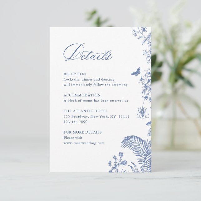 Tarjeta De Recepción Elegante Blue French Garden Boda Floral Detalles (Anverso de pie)