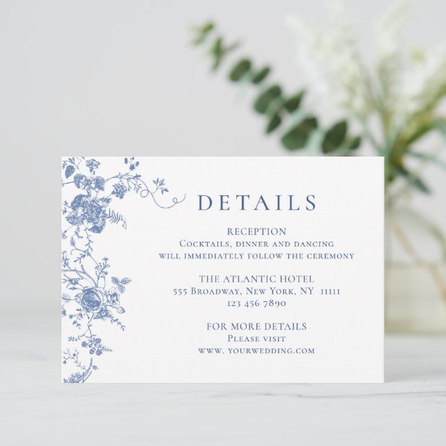 Tarjeta De Recepción Elegante Blue French Garden Boda Floral Detalles (Anverso de pie)