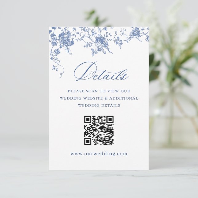 Tarjeta De Recepción Elegante Blue French Garden Boda Floral Detalles (Anverso de pie)