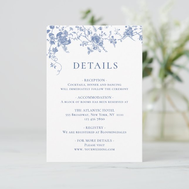 Tarjeta De Recepción Elegante Blue French Garden Boda Floral Detalles (Anverso de pie)