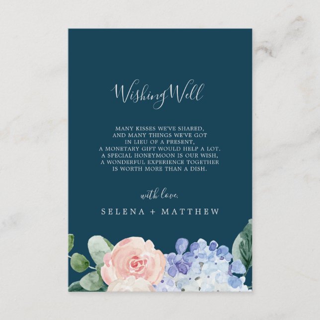 Tarjeta De Recepción Elegante Blue Hydrangea Navy Wishing Well Card (Anverso)