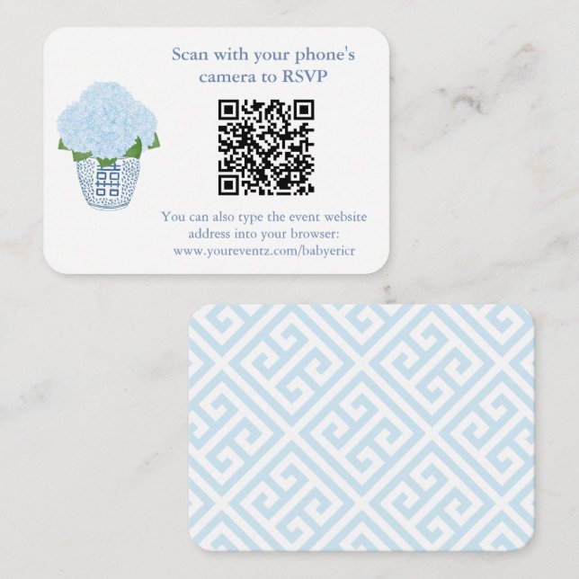 Tarjeta De Recepción Elegante Blue Hydrangeas Código QR Ducha Bridal RS (Anverso / Reverso)