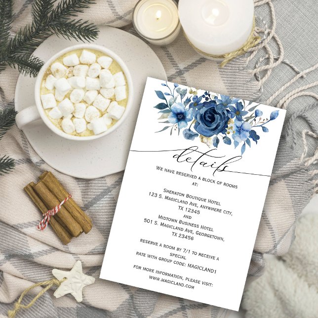Tarjeta De Recepción Elegante Blue Ice Winter Floral (Elegant Ice Blue Winter Floral Enclosure Card #navyblue #winterweddinginvitation)
