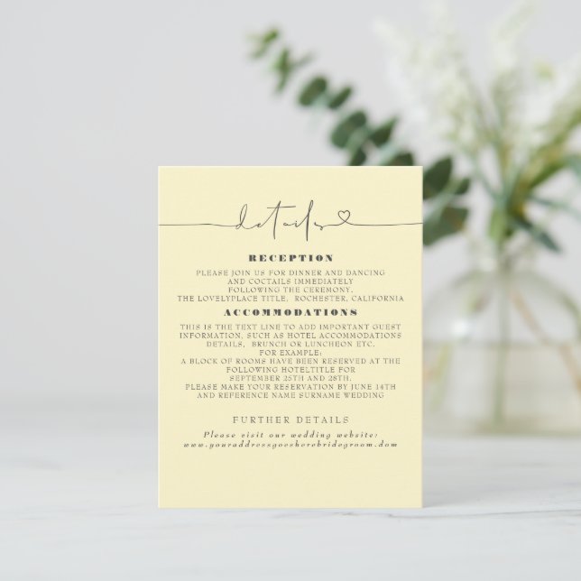 Tarjeta De Recepción Elegante Boda amarillo claro Minimalista (Anverso de pie)