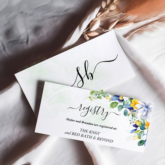 Tarjeta De Recepción Elegante boda azul blanco amarillo floral (Subido por el creador)