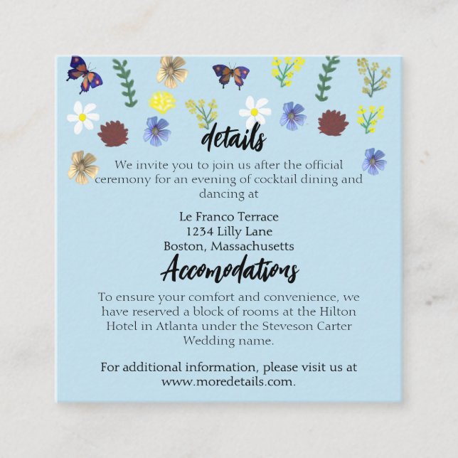 Tarjeta De Recepción Elegante Boda azul Boho de Flor Silvestre (Anverso)