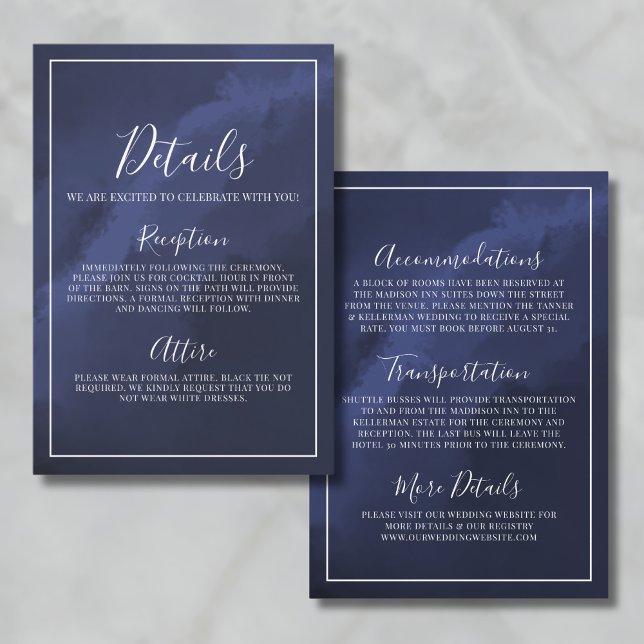 Tarjeta De Recepción Elegante Boda azul de la Marina (Elegant Navy Blue Wedding Details Enclosure Card)