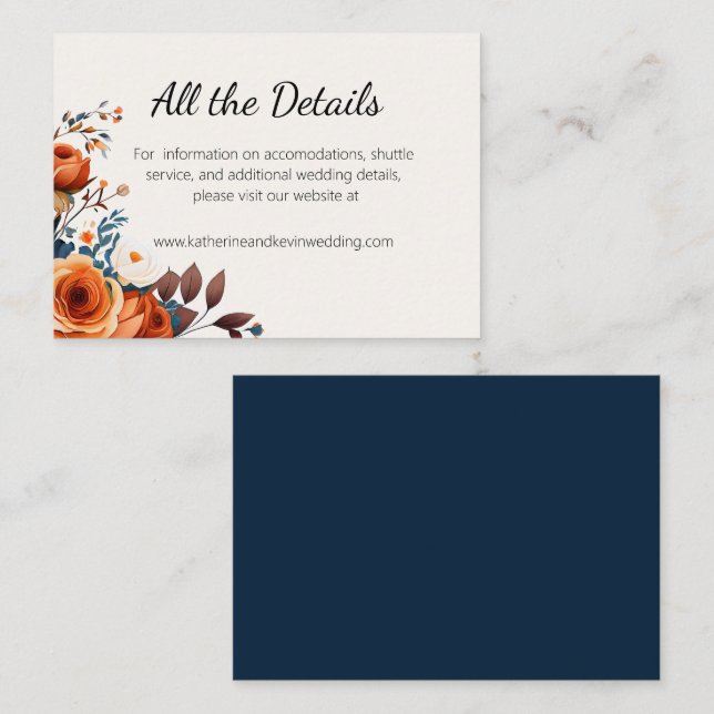 Tarjeta De Recepción Elegante Boda azul de la Marina y Naranja (Anverso / Reverso)