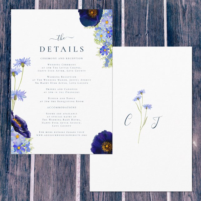 Tarjeta De Recepción Elegante Boda azul floral de verano detalles (Original spring summer wildflower floral watercolor art by artist Catherine Sweetman )
